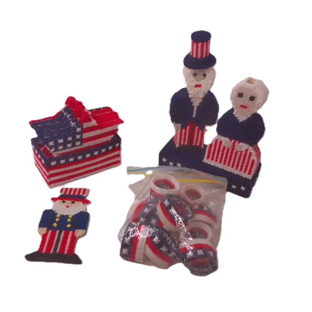 Vintage Canvas Needlepoint Patriotic Table Decor Coasters Napkin Rings Uncle Sam